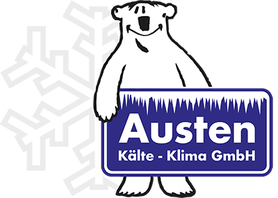 Logo mit weißem Eisbär, der ein blaues Schild mit der Aufschrift ‘Austen Kälte - Klima GmbH’ hält, verziert mit Eiszapfen.