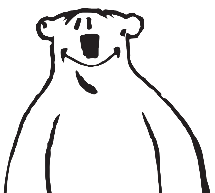 „Illustration eines lächelnden Eisbären in schwarz-weißer Strichzeichnung.“