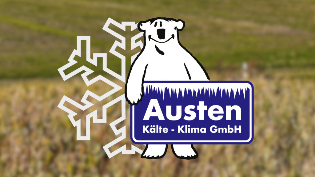 Logo der Firma Austen Kälte-Klima GmbH mit einem gezeichneten Eisbären und einer stilisierten Schneeflocke vor unscharfem Naturhintergrund.